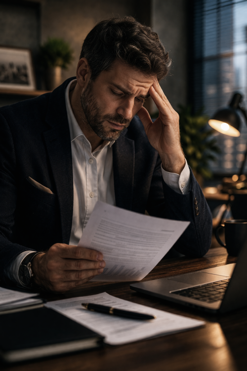 Stressed businessman rubbing his temples while looking at negative laptop reviews